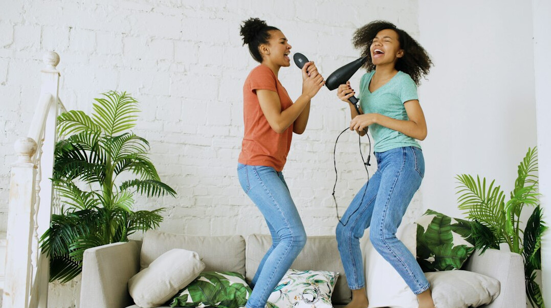 friends laughing in living room