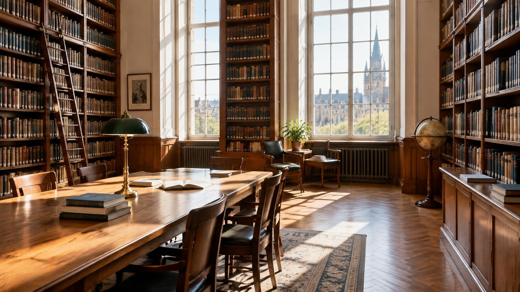 Sonnendurchflutetes Lesezimmer einer Forschungsbibliothek mit Bücherregalen